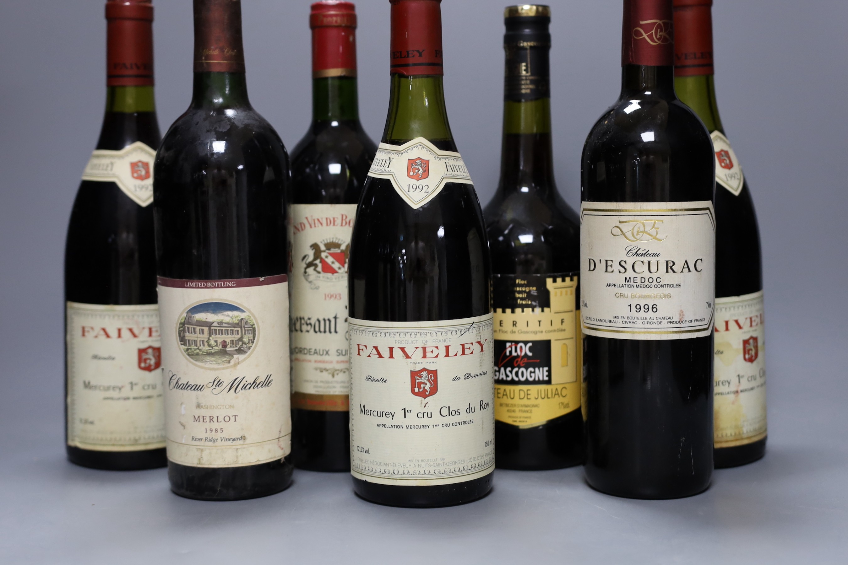 Ten bottles of various wine to include three bottles of 1992 Faiveley Mercurey 1er Cru Clos du Roy, 1985 Chateau Tour du Haut Moulin, 1985 Chateau Ste Michelle, 1993 Versant Royal Grand vin de Bordeaux and others